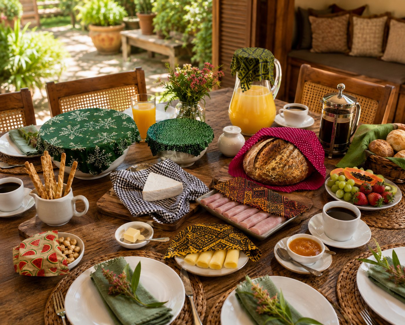 Mesa de café da manhã com travessas, pão e frios cobertos com Pano de Cera Envolve