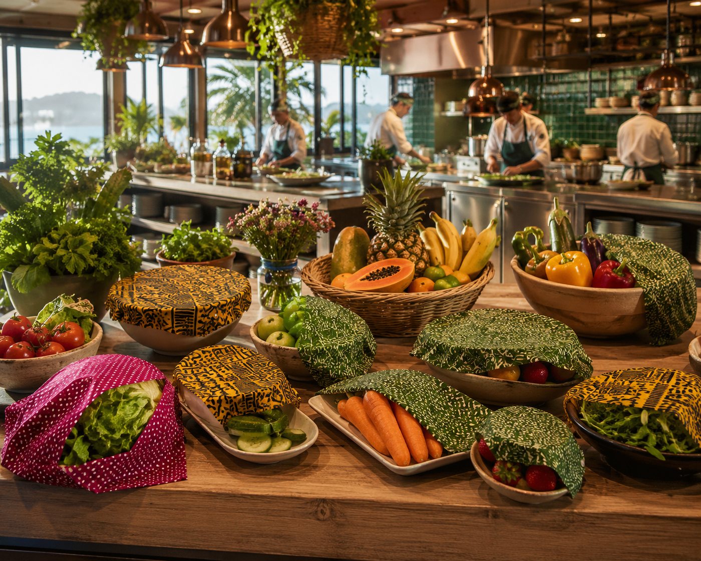 Frutas, legumes e verduras cobertos com Pano de Cera Envolve em cozinha profissional